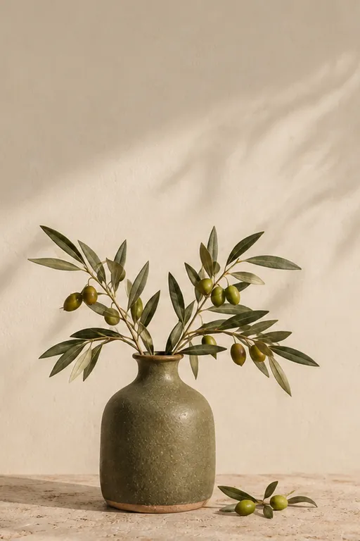 Olive branches in a green ceramic vase, in warm sunlight